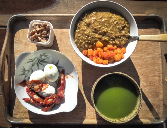 Här är ännu ett exempel från en frukost i somras då det fanns tillgång till färska hjortron. Till denna frukost drack jag macha-te. 